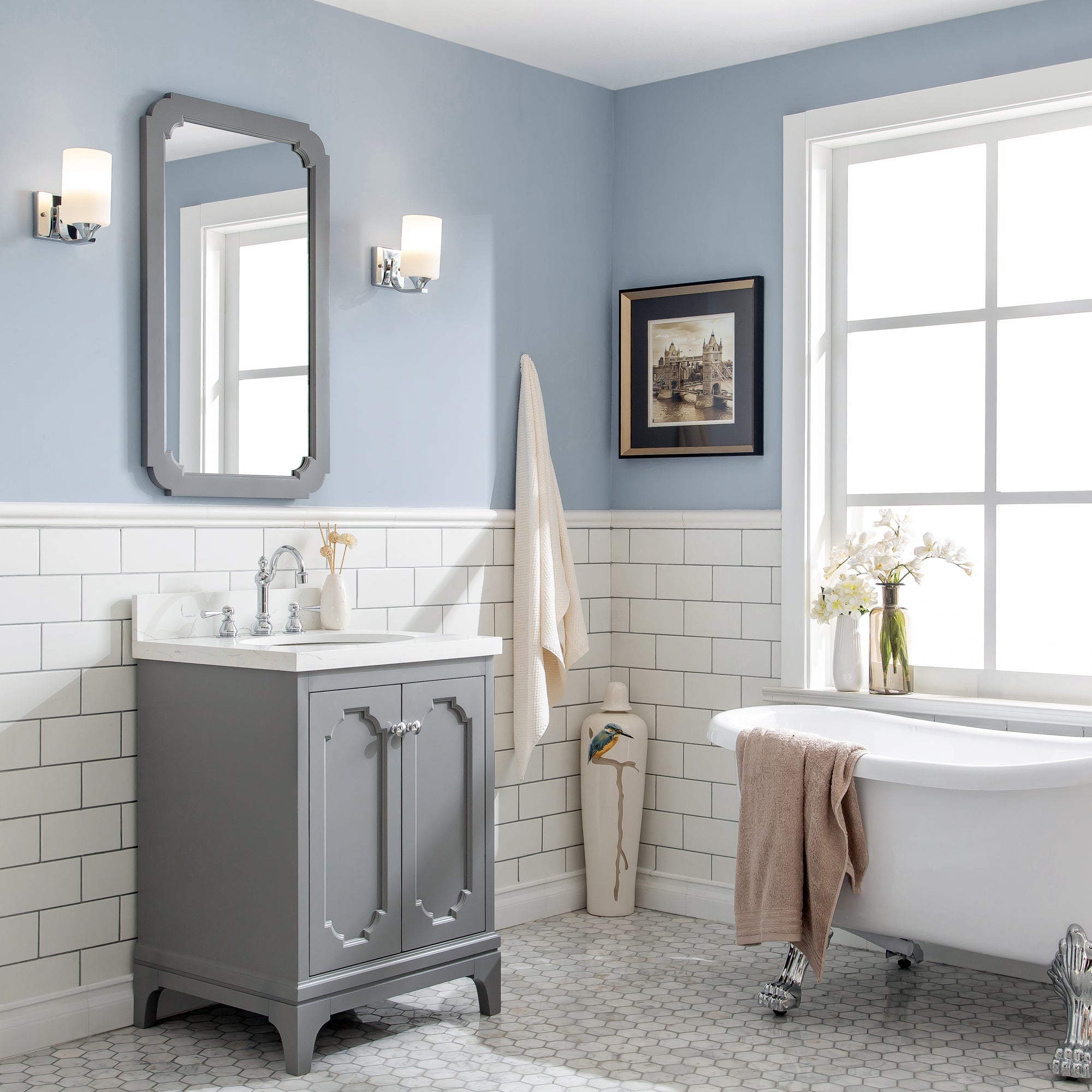 Water Creation | Queen 24-Inch Single Sink Quartz Carrara Vanity In Cashmere Grey  With F2-0012-01-TL Lavatory Faucet(s) | QU24QZ01CG-000TL1201