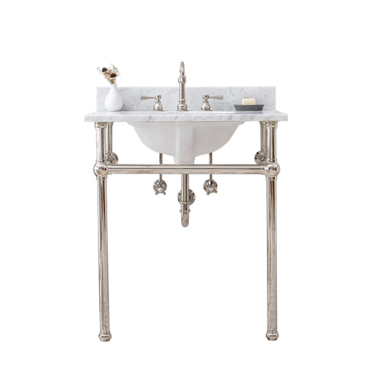Water Creation | Embassy 30 Inch Wide Single Wash Stand, P-Trap, Counter Top with Basin, and F2-0012 Faucet included in Polished Nickel (PVD) Finish | EB30D-0512