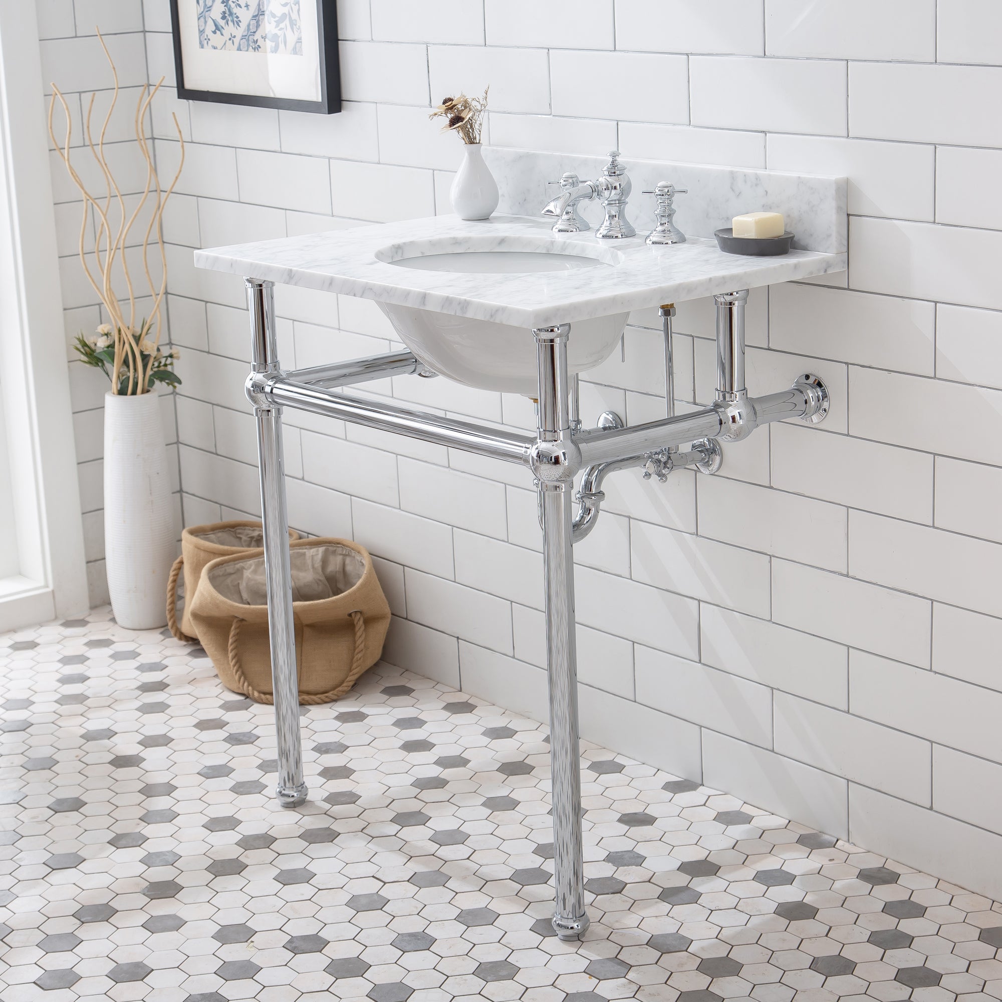 Water Creation | Embassy 30 Inch Wide Single Wash Stand, P-Trap, Counter Top with Basin, F2-0013 Faucet and Mirror included in Chrome Finish | EB30E-0113