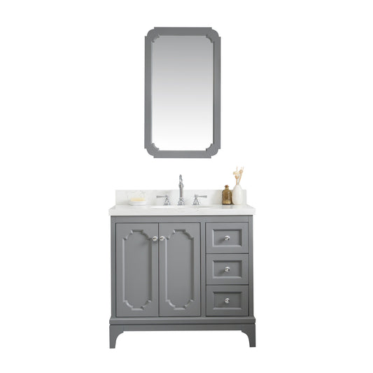 Water Creation | Queen 36-Inch Single Sink Quartz Carrara Vanity In Cashmere Grey With Matching Mirror(s) and F2-0012-01-TL Lavatory Faucet(s) | QU36QZ01CG-Q21TL1201