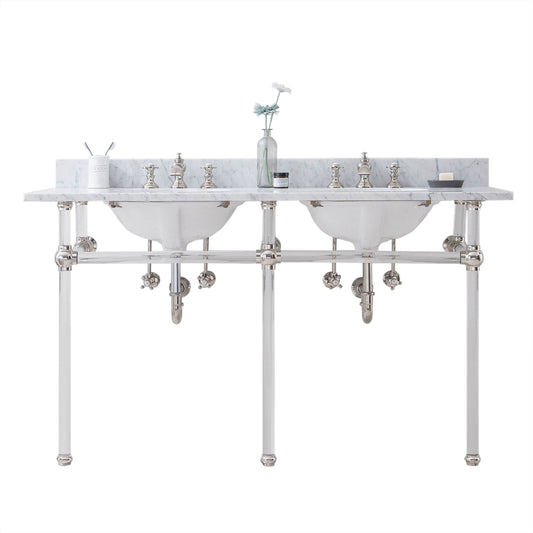 Water Creation | Empire 60 Inch Wide Double Wash Stand, P-Trap, Counter Top with Basin, and F2-0013 Faucet included in Polished Nickel (PVD) Finish | EP60D-0513