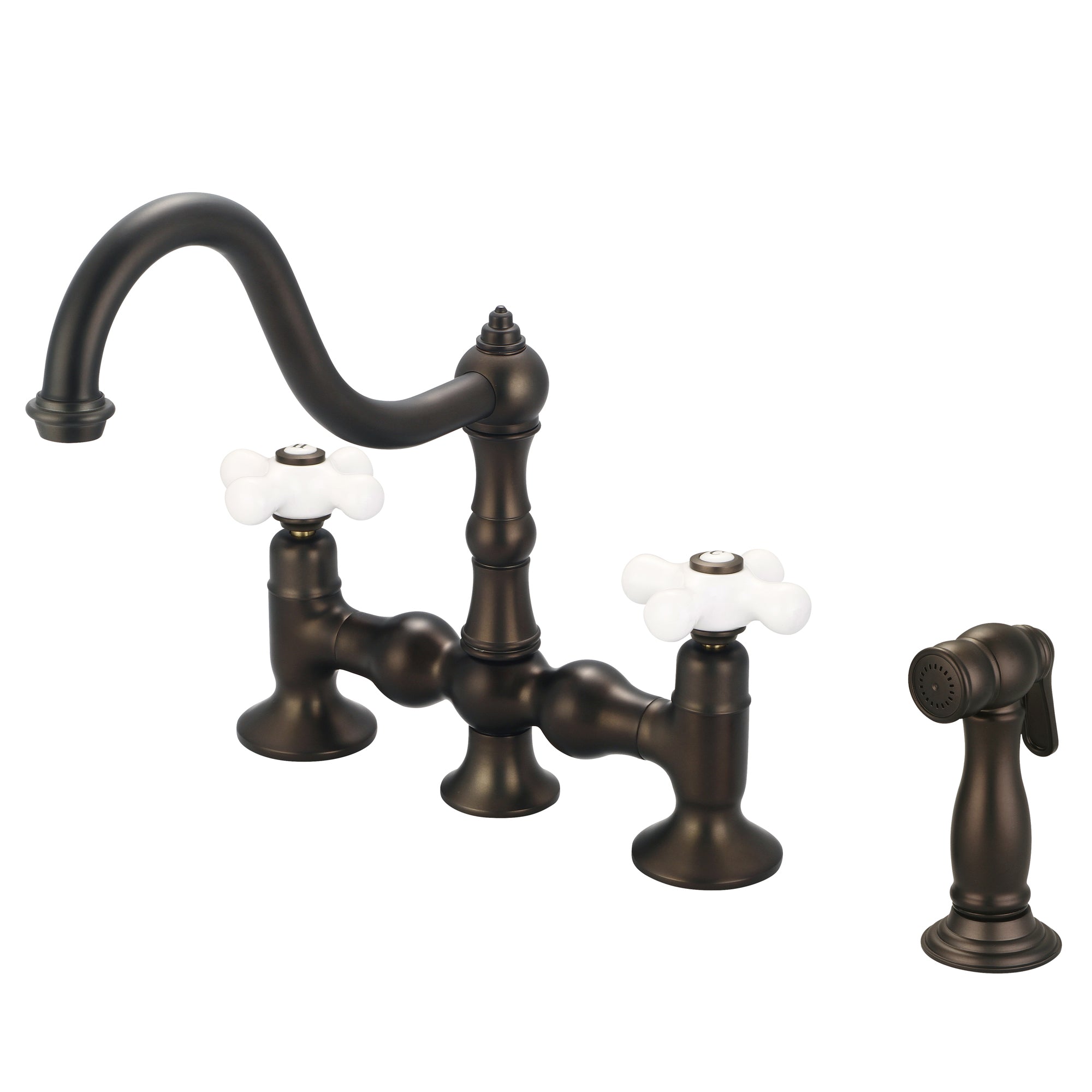 Water Creation | Bridge Style Kitchen Faucet With Side Spray To Match in Oil-rubbed Bronze Finish Finish With Porcelain Cross Handles, Hot And Cold Labels Included | F5-0010-03-PX