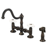 Water Creation | Bridge Style Kitchen Faucet With Side Spray To Match in Oil-rubbed Bronze Finish Finish With Porcelain Cross Handles, Hot And Cold Labels Included | F5-0010-03-PX