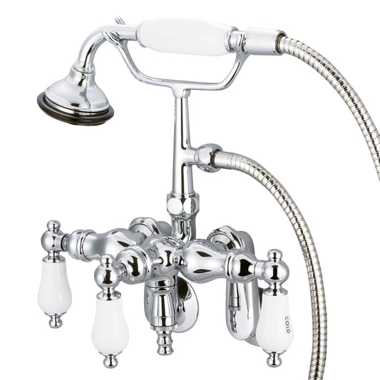 Water Creation | Vintage Classic Adjustable Center Wall Mount Tub Faucet With Down Spout, Swivel Wall Connector & Handheld Shower in Chrome Finish With Porcelain Lever Handles, Hot And Cold Labels Included | F6-0018-01-CL
