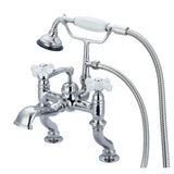 Water Creation | Vintage Classic Adjustable Center Deck Mount Tub Faucet With Handheld Shower in Chrome Finish With Porcelain Cross Handles, Hot And Cold Labels Included | F6-0004-01-PX