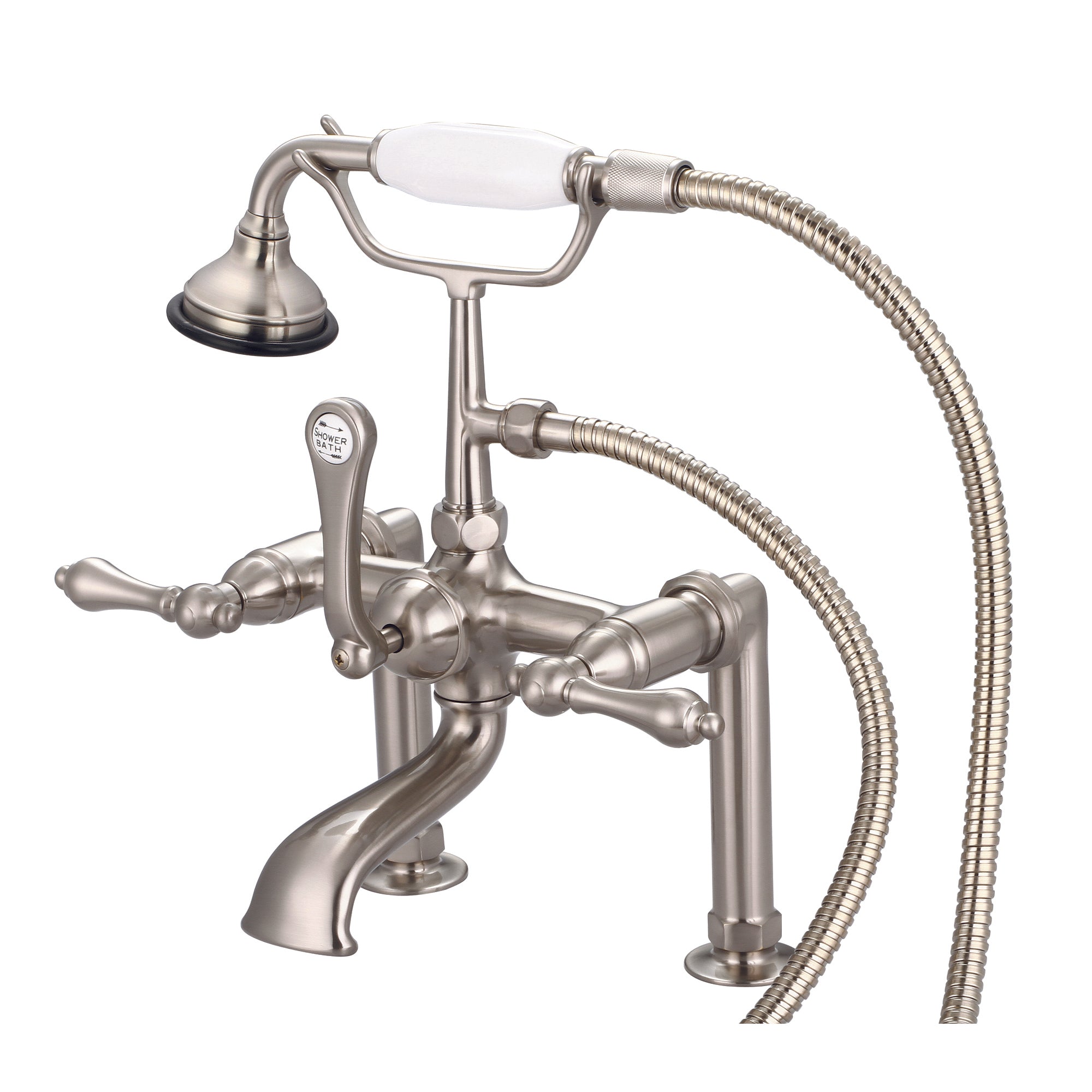 Water Creation | Vintage Classic 7 Inch Spread Deck Mount Tub Faucet With 6 Inch Risers & Handheld Shower in Brushed Nickel Finish With Metal Lever Handles Without Labels | F6-0006-02-AL