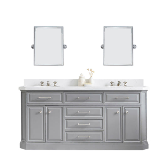 Water Creation | 72" Palace Collection Quartz Carrara Cashmere Grey Bathroom Vanity Set With Hardware And F2-0009 Faucets, Mirror in Polished Nickel (PVD) Finish | PA72QZ05CG-E18BX0905