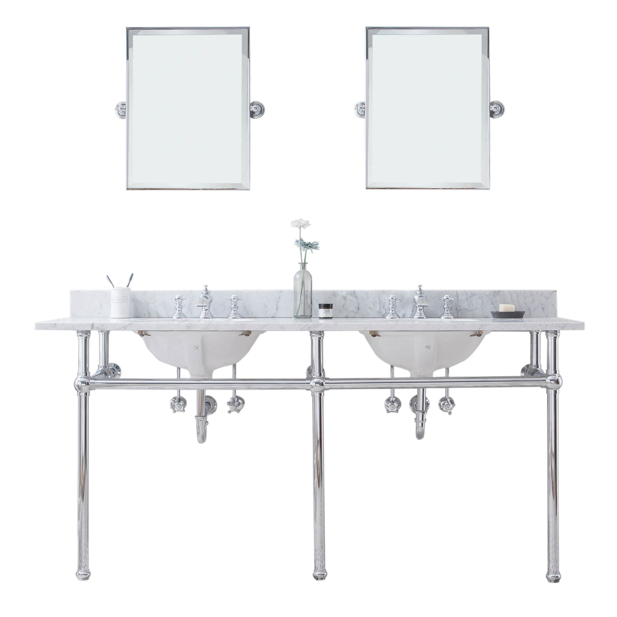 Water Creation | Embassy 72 Inch Wide Double Wash Stand, P-Trap, Counter Top with Basin, F2-0013 Faucet and Mirror included in Chrome Finish | EB72E-0113