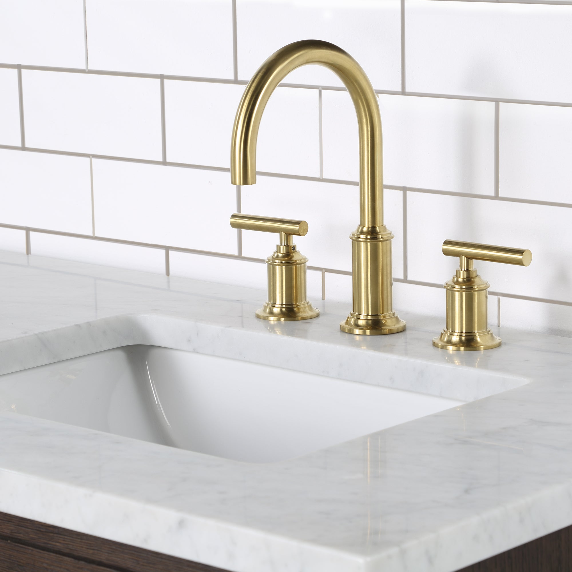 Water Creation | Chestnut 72 In. Double Sink Carrara White Marble Countertop Vanity In Brown Oak with Grooseneck Faucets | CH72CW06BK-000BL1406