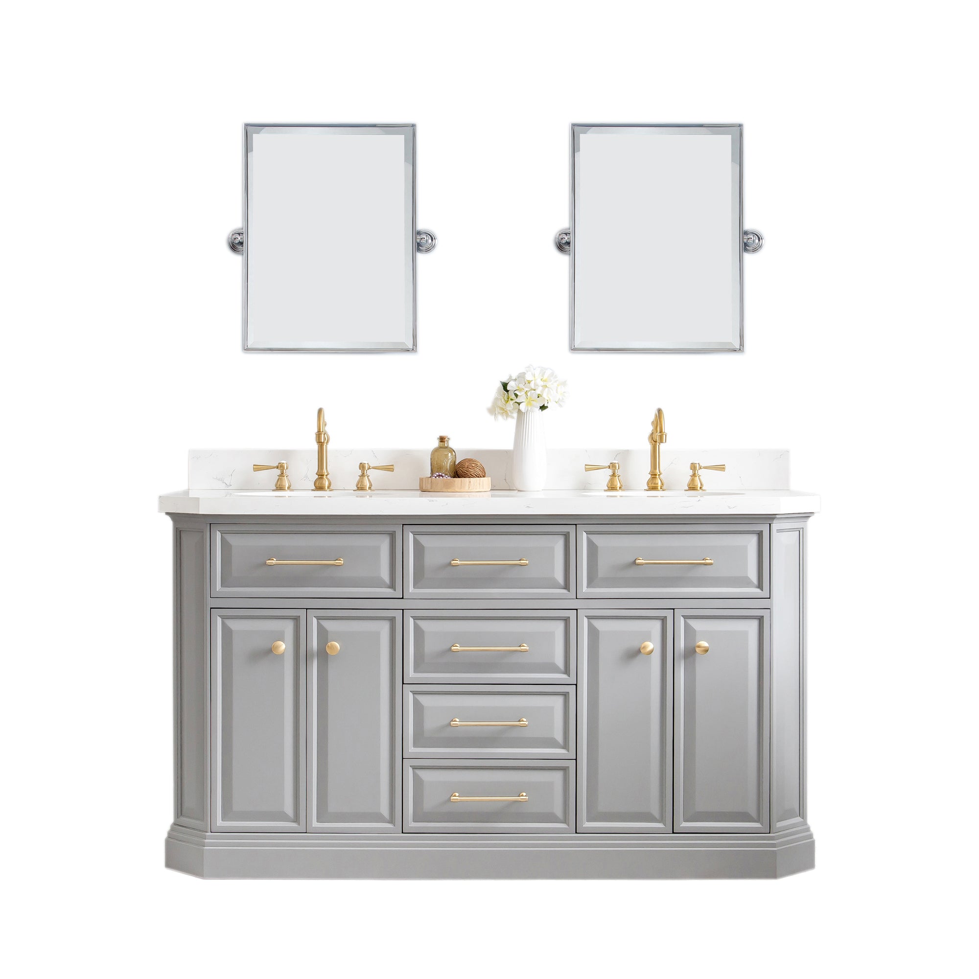 Water Creation | 60" Palace Collection Quartz Carrara Cashmere Grey Bathroom Vanity Set With Hardware And F2-0012 Faucets in Satin Gold Finish And Only Mirrors in Chrome Finish | PA60QZ06CG-E18TL1206