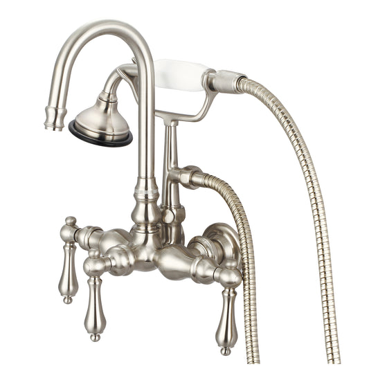 Water Creation | Vintage Classic 3.375 Inch Center Wall Mount Tub Faucet With Gooseneck Spout, Straight Wall Connector & Handheld Shower in Brushed Nickel Finish With Metal Lever Handles Without Labels | F6-0012-02-AL