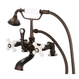 Water Creation | Vintage Classic 7 Inch Spread Deck Mount Tub Faucet With 2 Inch Risers & Handheld Shower in Oil-rubbed Bronze Finish Finish With Porcelain Cross Handles, Hot And Cold Labels Included | F6-0007-03-PX