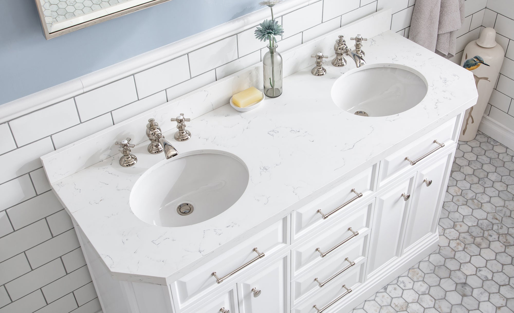 Water Creation | 60" Palace Collection Quartz Carrara Pure White Bathroom Vanity Set With Hardware And F2-0013 Faucets, Mirror in Polished Nickel (PVD) Finish | PA60QZ05PW-E18FX1305