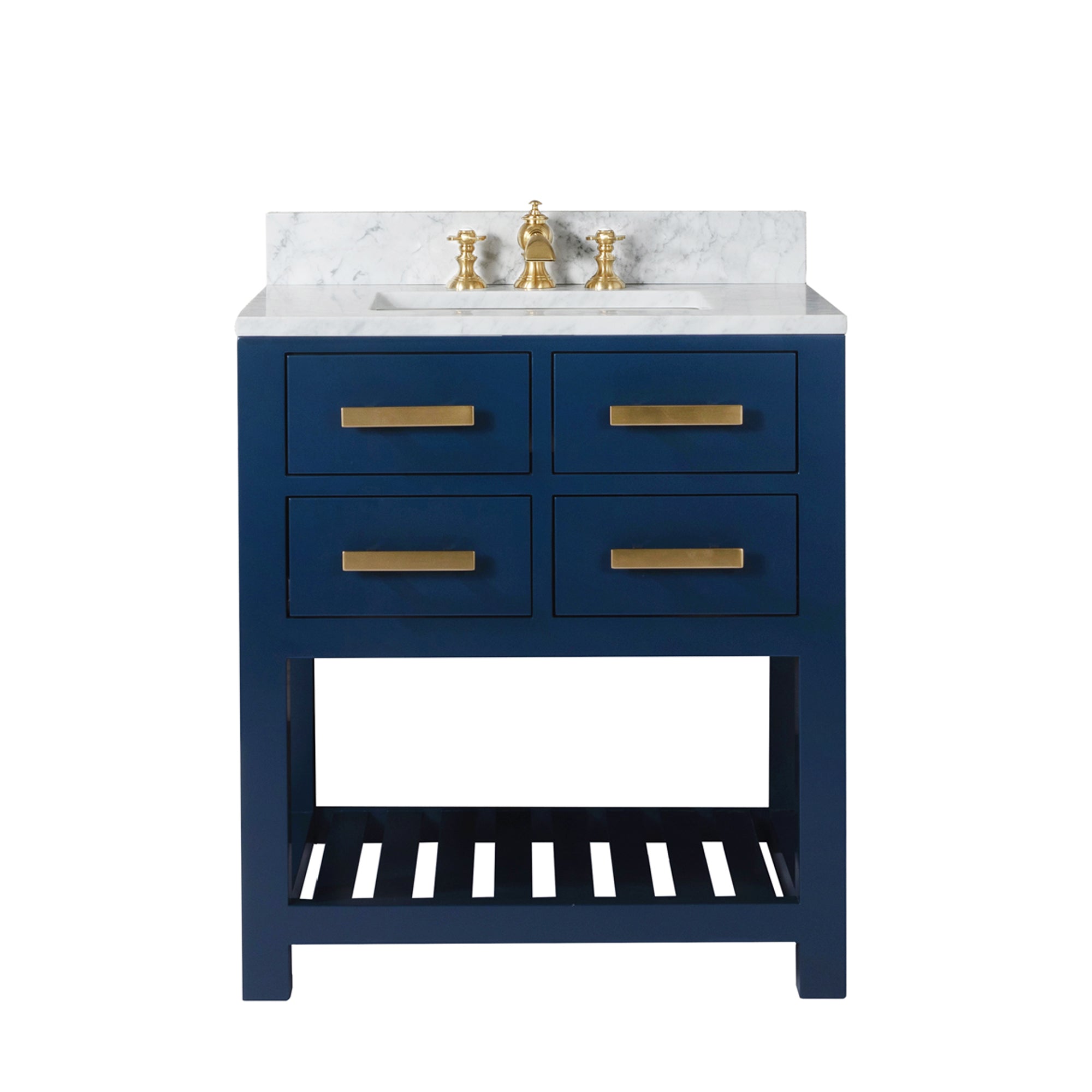 Water Creation | 30 Inch Monarch Blue Single Sink Bathroom Vanity With F2-0013 Satin Gold Faucet From The Madalyn Collection | MA30CW06MB-000FX1306