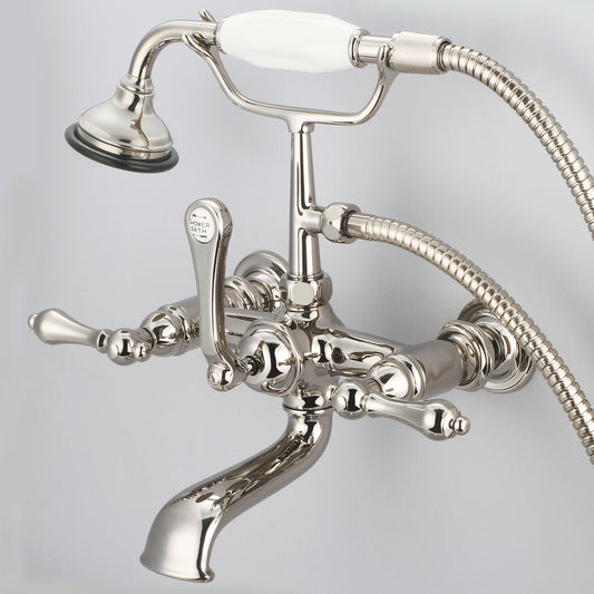 Water Creation | Vintage Classic 7 Inch Spread Wall Mount Tub Faucet With Straight Wall Connector & Handheld Shower in Polished Nickel (PVD) Finish With Metal Lever Handles Without Labels | F6-0010-05-AL