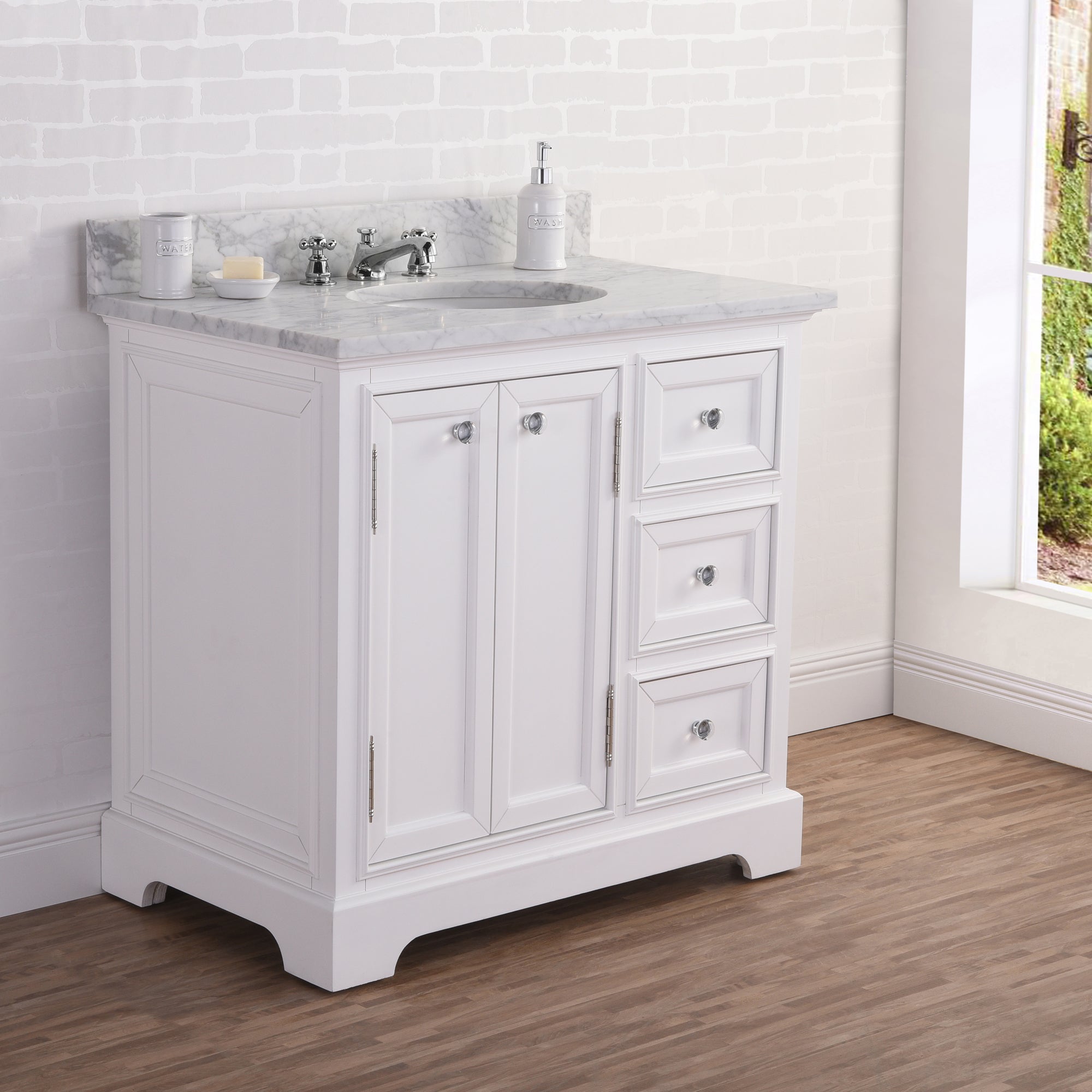 Water Creation | 36 Inch Wide Pure White Single Sink Carrara Marble Bathroom Vanity From The Derby Collection | DE36CW01PW-000000000