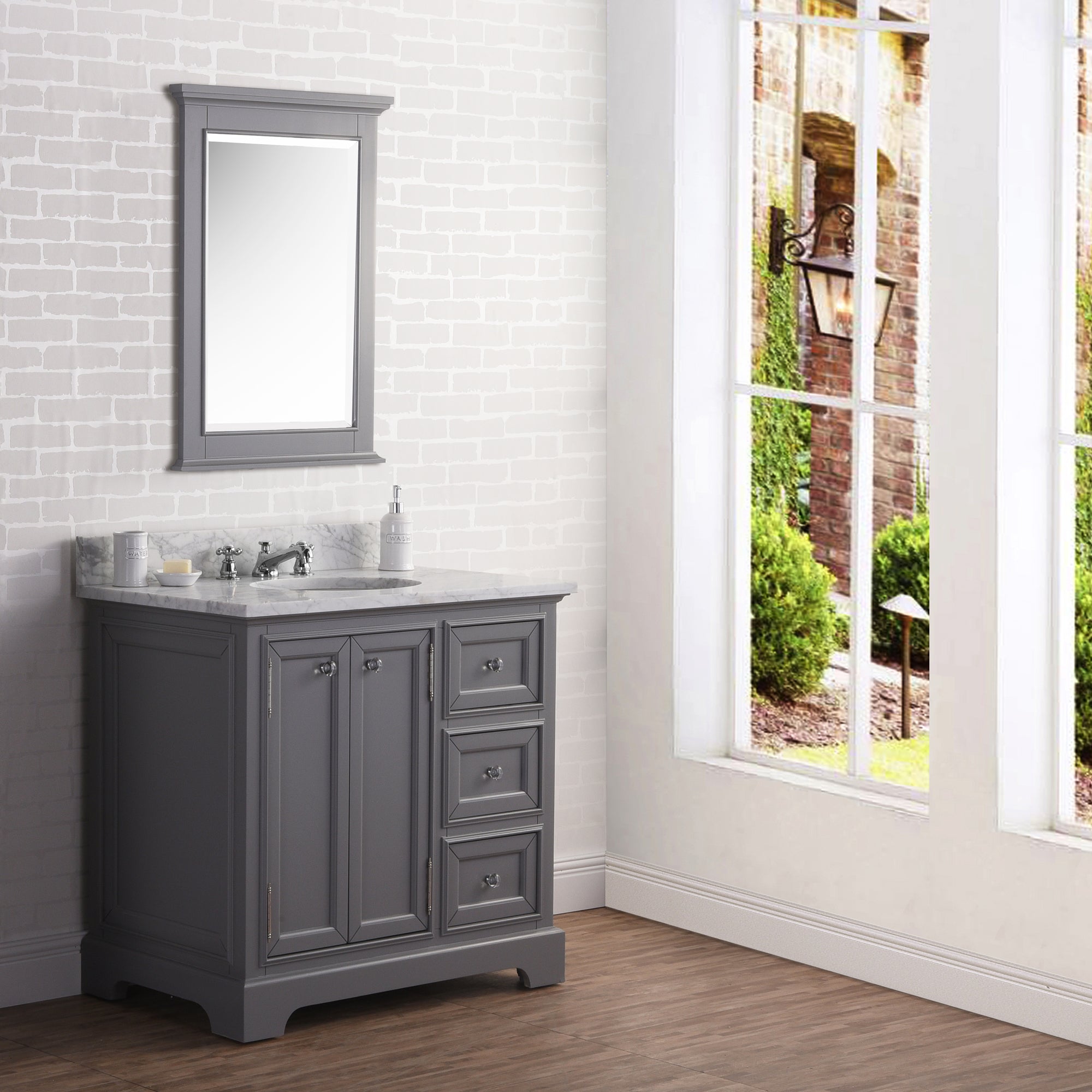 Water Creation | 36 Inch Wide Cashmere Grey Single Sink Carrara Marble Bathroom Vanity With Matching Mirror And Faucet(s) From The Derby Collection | DE36CW01CG-B24BX0901