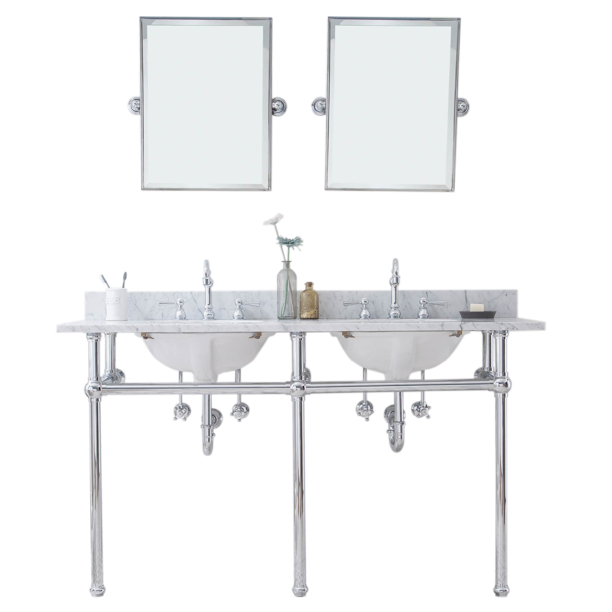 Water Creation | Embassy 60 Inch Wide Double Wash Stand, P-Trap, Counter Top with Basin, F2-0012 Faucet and Mirror included in Chrome Finish | EB60E-0112