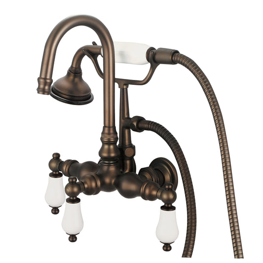 Water Creation | Vintage Classic 3.375 Inch Center Wall Mount Tub Faucet With Gooseneck Spout, Straight Wall Connector & Handheld Shower in Oil-rubbed Bronze Finish Finish With Porcelain Lever Handles Without labels | F6-0012-03-PL