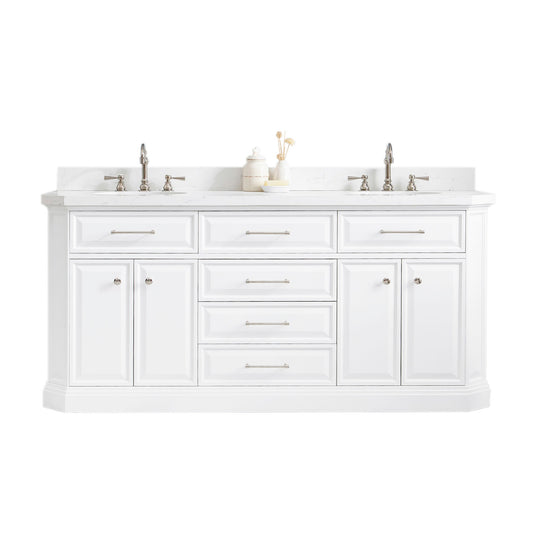 Water Creation | 72" Palace Collection Quartz Carrara Pure White Bathroom Vanity Set With Hardware And F2-0012 Faucets in Polished Nickel (PVD) Finish | PA72QZ05PW-000TL1205