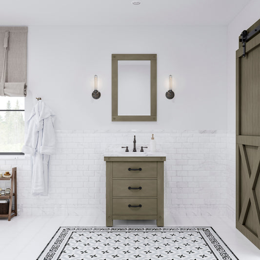 Water Creation | 30 Inch Grizzle Grey Single Sink Bathroom Vanity With Mirror With Carrara White Marble Counter Top From The ABERDEEN Collection | AB30CW03GG-A24000000