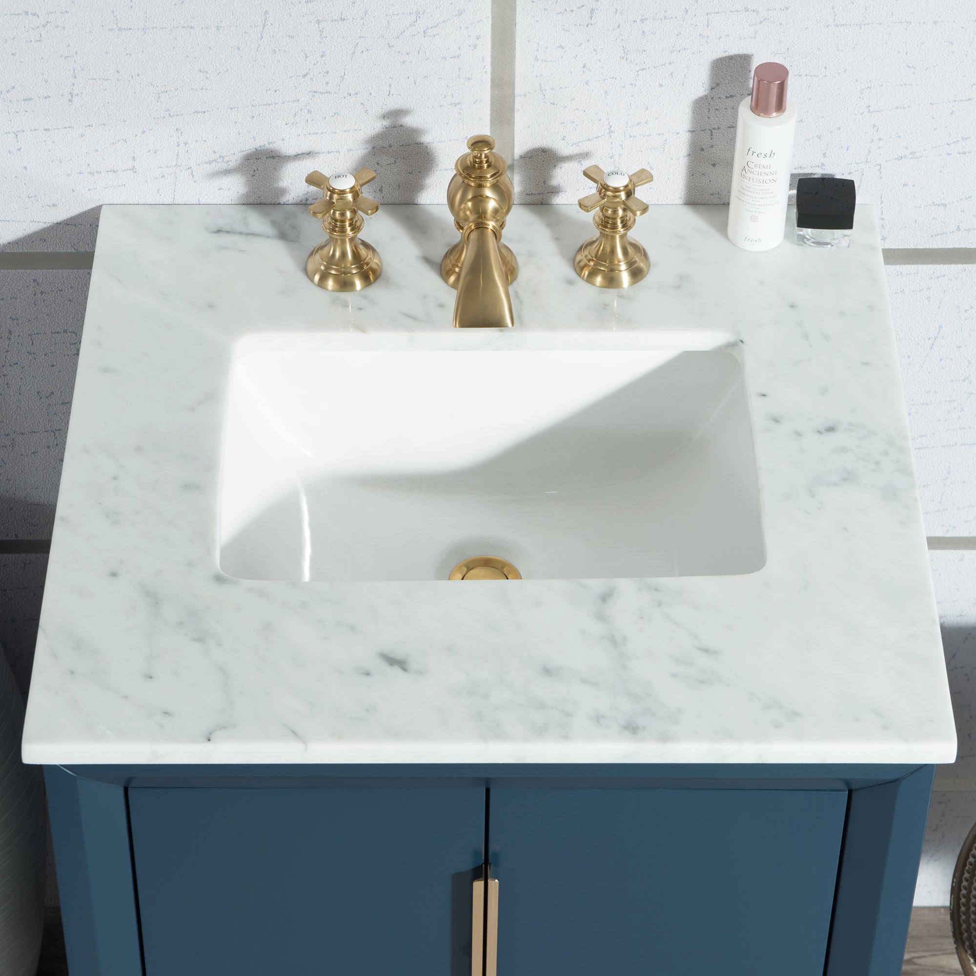 Water Creation | Elizabeth 24-Inch Single Sink Carrara White Marble Vanity In Monarch Blue  With F2-0013-06-FX Lavatory Faucet(s) | EL24CW06MB-000FX1306