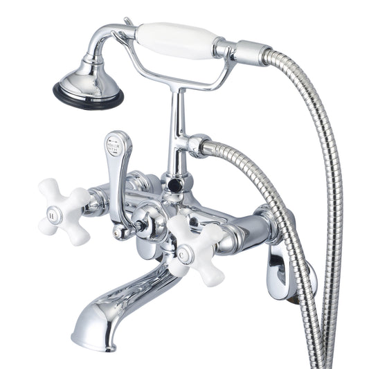 Water Creation | Vintage Classic Adjustable Center Wall Mount Tub Faucet With Swivel Wall Connector & Handheld Shower in Chrome Finish With Porcelain Cross Handles, Hot And Cold Labels Included | F6-0009-01-PX