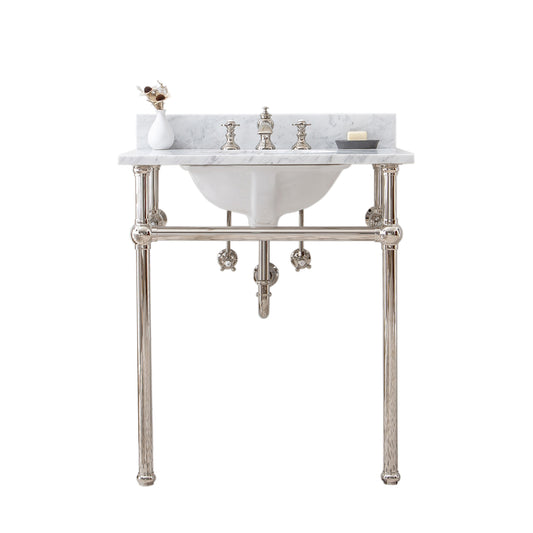 Water Creation | Embassy 30 Inch Wide Single Wash Stand, P-Trap, Counter Top with Basin, and F2-0013 Faucet included in Polished Nickel (PVD) Finish | EB30D-0513