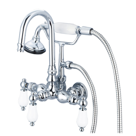 Water Creation | Vintage Classic 3.375 Inch Center Wall Mount Tub Faucet With Gooseneck Spout, Straight Wall Connector & Handheld Shower in Chrome Finish With Porcelain Lever Handles Without labels | F6-0012-01-PL