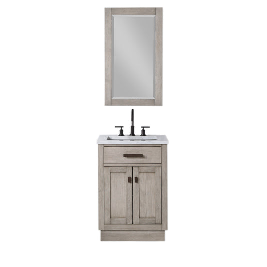 Water Creation | Chestnut 24 In. Single Sink Carrara White Marble Countertop Vanity In Grey Oak with Grooseneck Faucet and Mirror | CH24CW03GK-R21BL1403