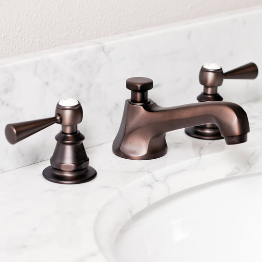 Water Creation | American 20th Century Classic Widespread Lavatory F2-0009 Faucets With Pop-Up Drain in Oil-rubbed Bronze Finish Finish With Torch Lever Handles, Hot And Cold Labels Included | F2-0009-03-TL