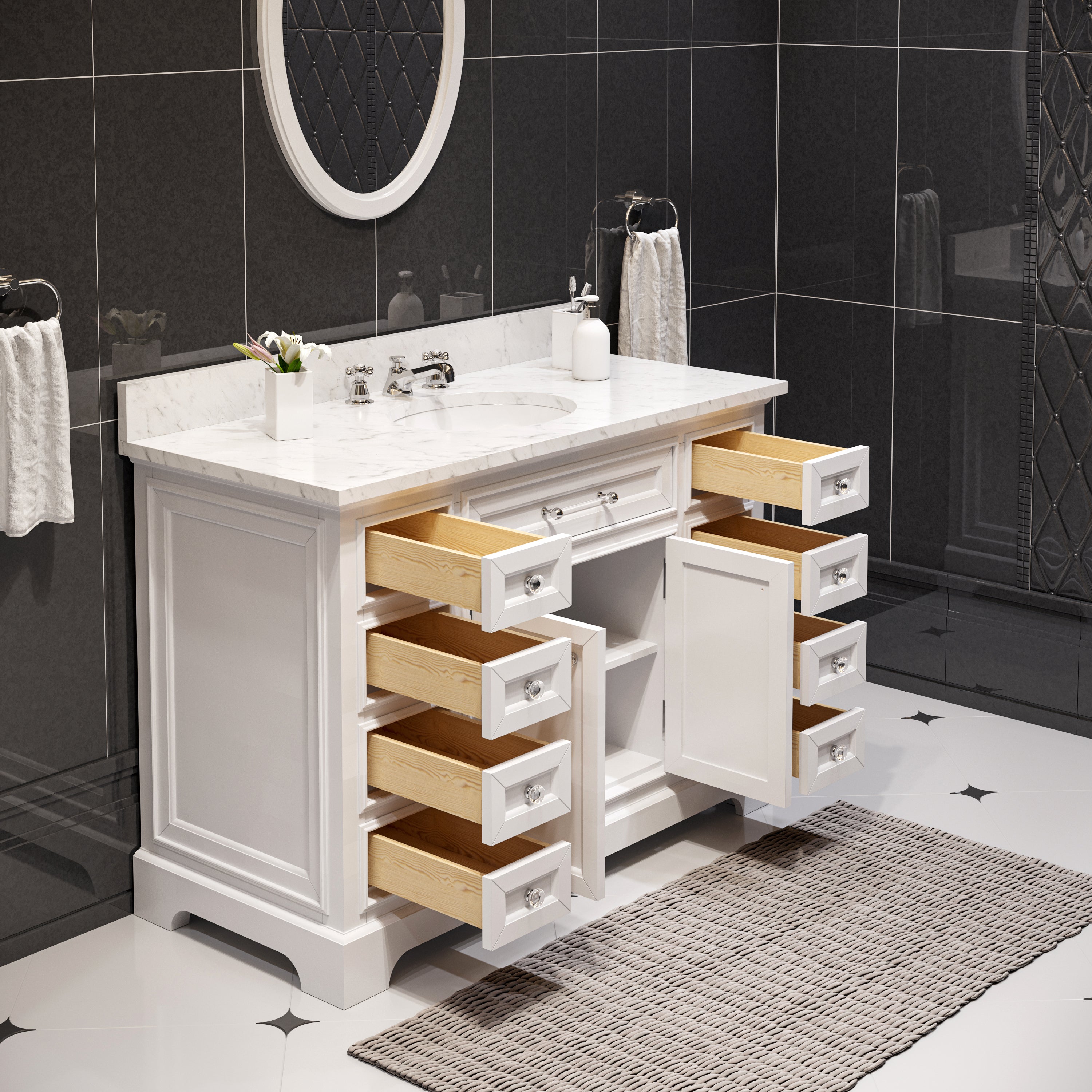 Water Creation | 48 Inch Pure White Single Sink Bathroom Vanity With Matching Framed Mirror From The Derby Collection | DE48CW01PW-O24000000