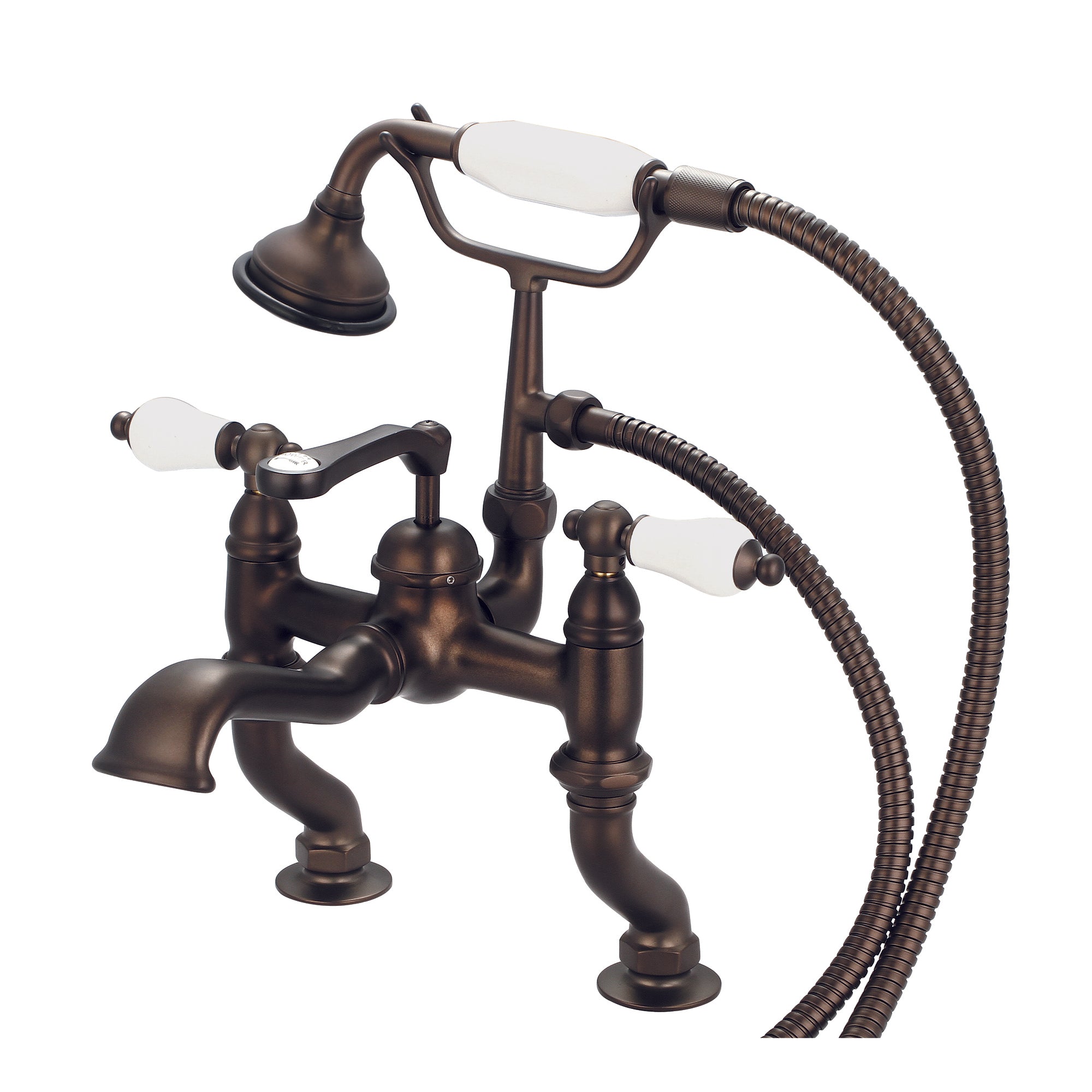 Water Creation | Vintage Classic Adjustable Center Deck Mount Tub Faucet With Handheld Shower in Oil-rubbed Bronze Finish Finish With Porcelain Lever Handles Without labels | F6-0004-03-PL