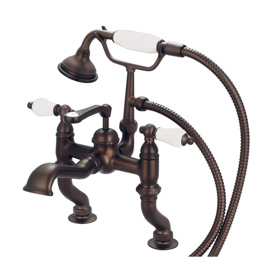 Water Creation | Vintage Classic Adjustable Center Deck Mount Tub Faucet With Handheld Shower in Oil-rubbed Bronze Finish Finish With Porcelain Lever Handles Without labels | F6-0004-03-PL
