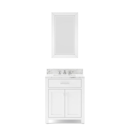 Water Creation | 30 Inch Pure White Single Sink Bathroom Vanity With Matching Framed Mirror And Faucet From The Madison Collection | MS30CW01PW-R24BX0901