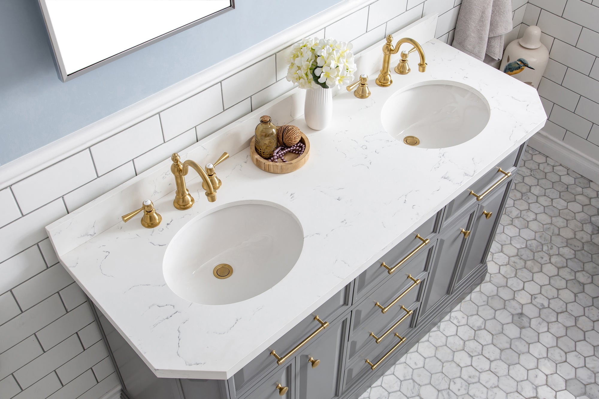 Water Creation | 60" Palace Collection Quartz Carrara Cashmere Grey Bathroom Vanity Set With Hardware And F2-0012 Faucets in Satin Gold Finish And Only Mirrors in Chrome Finish | PA60QZ06CG-E18TL1206