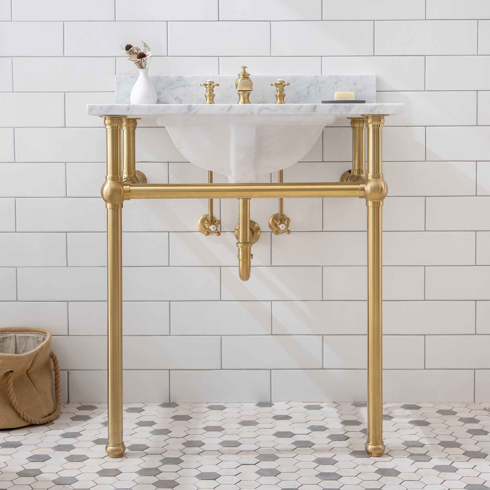 Water Creation | Embassy 30 Inch Wide Single Wash Stand, P-Trap, Counter Top with Basin, F2-0013 Faucet and Mirror included in Satin Gold Finish | EB30E-0613