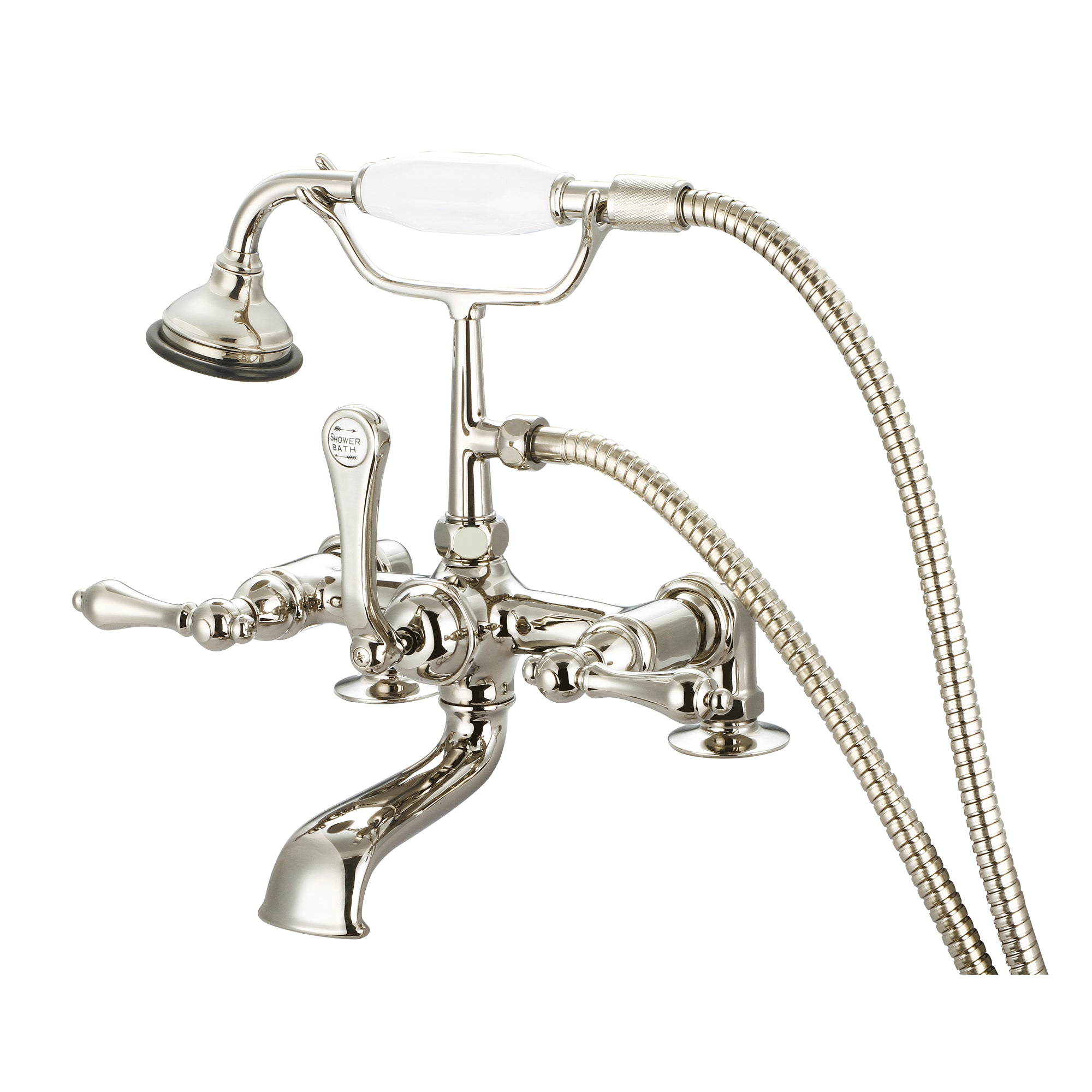 Water Creation | Vintage Classic 7 Inch Spread Deck Mount Tub Faucet With 2 Inch Risers & Handheld Shower in Polished Nickel (PVD) Finish With Metal Lever Handles Without Labels | F6-0007-05-AL