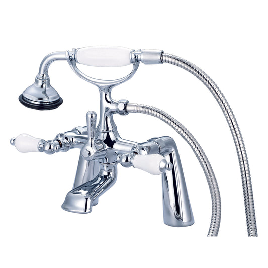 Water Creation | Vintage Classic 7 Inch Spread Deck Mount Tub Faucet With Handheld Shower in Chrome Finish With Porcelain Lever Handles Without labels | F6-0003-01-PL