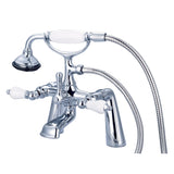 Water Creation | Vintage Classic 7 Inch Spread Deck Mount Tub Faucet With Handheld Shower in Chrome Finish With Porcelain Lever Handles Without labels | F6-0003-01-PL