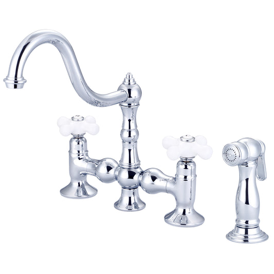 Water Creation | Bridge Style Kitchen Faucet With Side Spray To Match in Chrome Finish With Porcelain Cross Handles, Hot And Cold Labels Included | F5-0010-01-PX