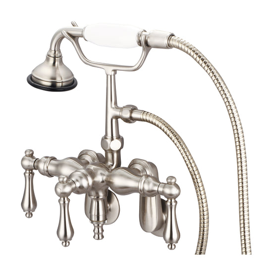 Water Creation | Vintage Classic Adjustable Center Wall Mount Tub Faucet With Down Spout, Swivel Wall Connector & Handheld Shower in Brushed Nickel Finish With Metal Lever Handles Without Labels | F6-0018-02-AL