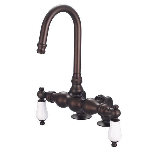 Water Creation | Vintage Classic 3.375 Inch Center Deck Mount Tub Faucet With Gooseneck Spout & 2 Inch Risers in Oil-rubbed Bronze Finish Finish With Porcelain Lever Handles Without labels | F6-0016-03-PL
