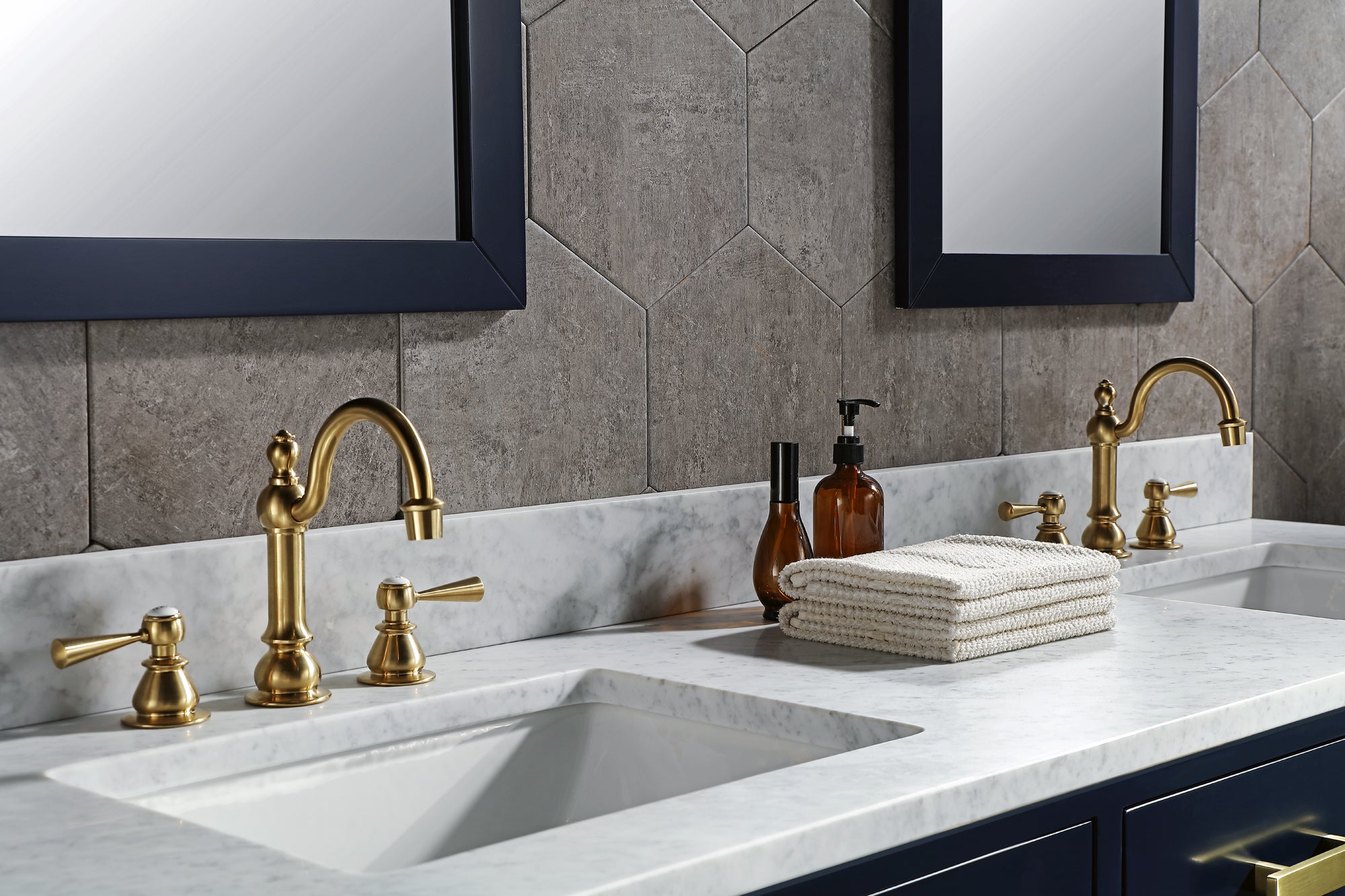 Water Creation | Madison 72-Inch Double Sink Carrara White Marble Vanity In Monarch Blue With Matching Mirror(s) and F2-0012-06-TL Lavatory Faucet(s) | MS72CW06MB-R21TL1206