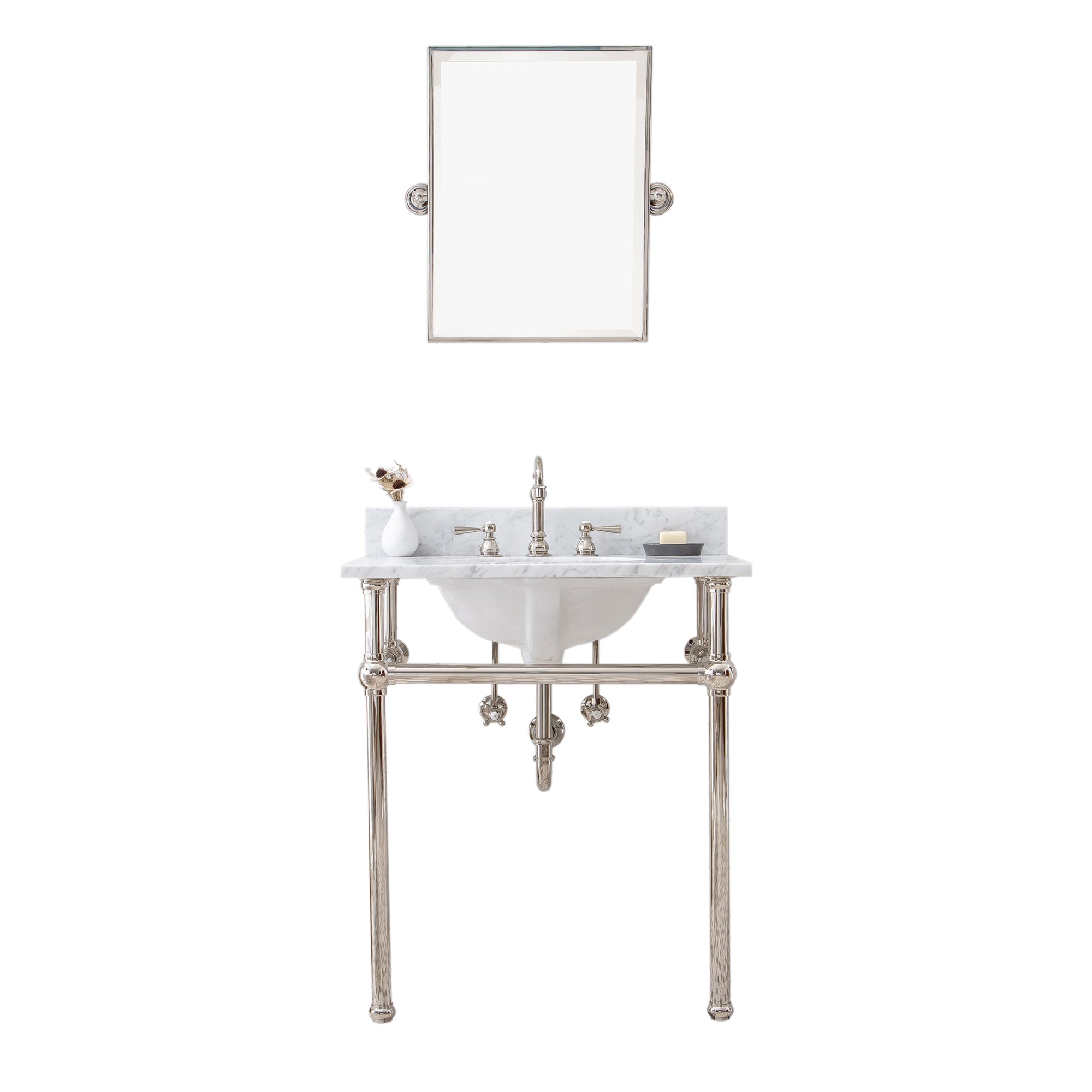 Water Creation | Embassy 30 Inch Wide Single Wash Stand, P-Trap, Counter Top with Basin, F2-0012 Faucet and Mirror included in Polished Nickel (PVD) Finish | EB30E-0512