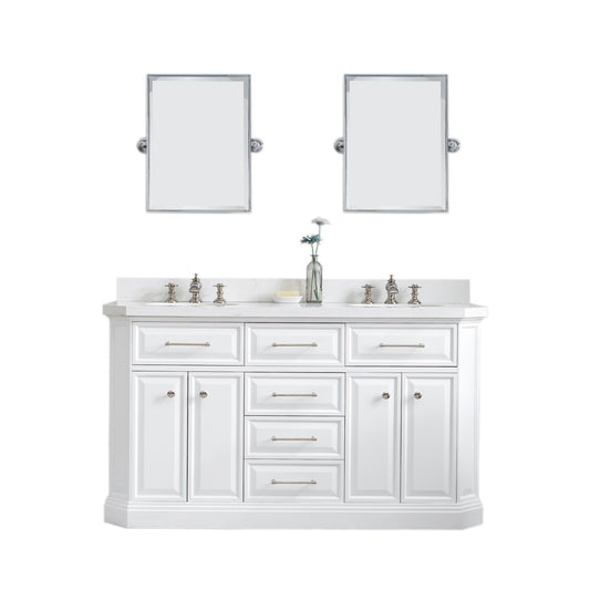 Water Creation | 60" Palace Collection Quartz Carrara Pure White Bathroom Vanity Set With Hardware And F2-0013 Faucets, Mirror in Polished Nickel (PVD) Finish | PA60QZ05PW-E18FX1305