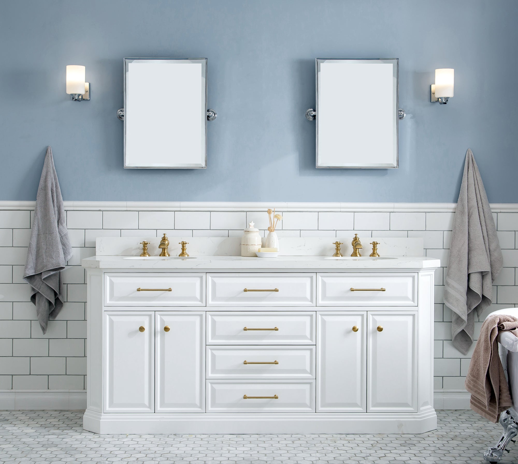 Water Creation | 72" Palace Collection Quartz Carrara Pure White Bathroom Vanity Set With Hardware in Satin Gold Finish And Only Mirrors in Chrome Finish | PA72QZ06PW-000000000