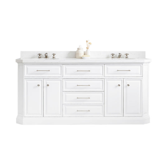 Water Creation | 72" Palace Collection Quartz Carrara Pure White Bathroom Vanity Set With Hardware in Polished Nickel (PVD) Finish | PA72QZ05PW-000000000