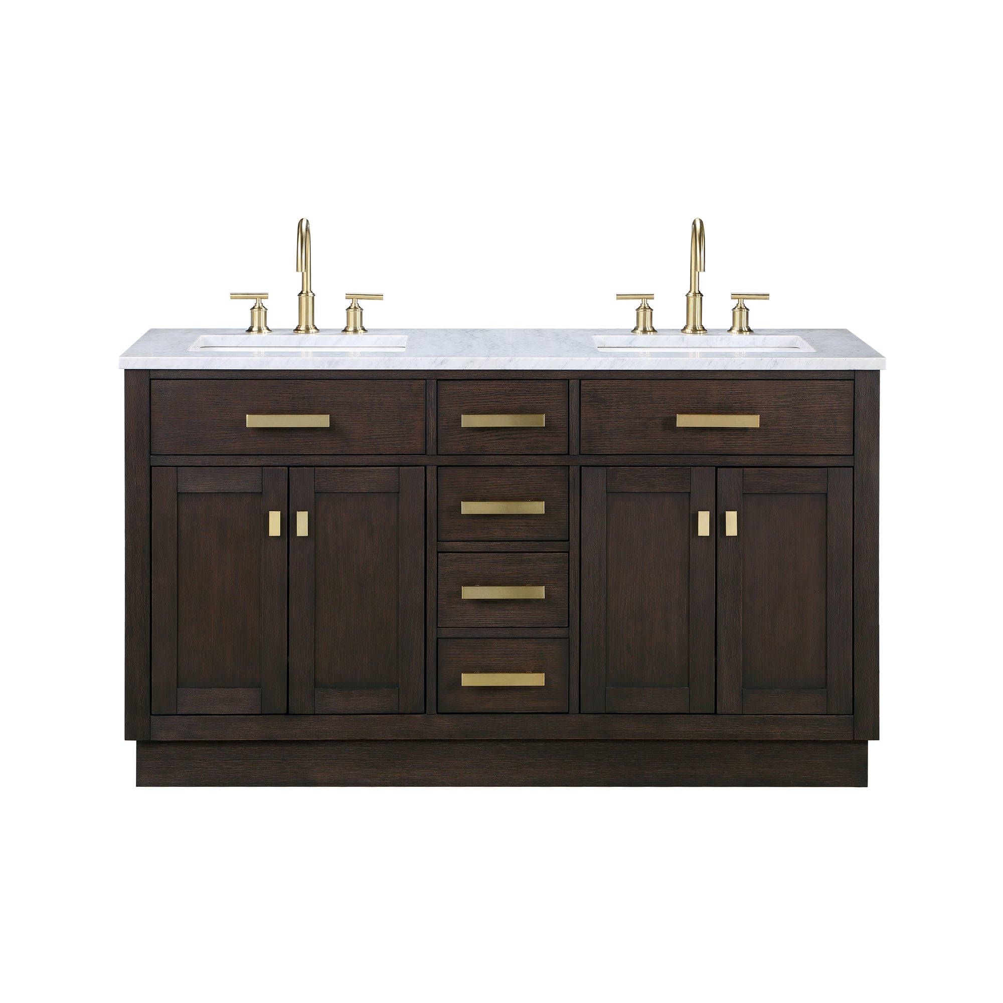 Water Creation | Chestnut 60 In. Double Sink Carrara White Marble Countertop Vanity In Brown Oak with Grooseneck Faucets | CH60CW06BK-000BL1406