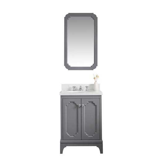 Water Creation | Queen 24-Inch Single Sink Quartz Carrara Vanity In Cashmere Grey With Matching Mirror(s) and F2-0009-01-BX Lavatory Faucet(s) | QU24QZ01CG-Q21BX0901